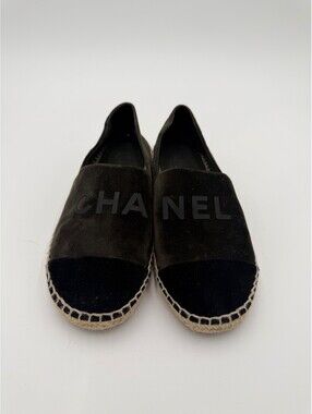 Chanel Espadrilles Black Velvet Flats Womens Size 7/37